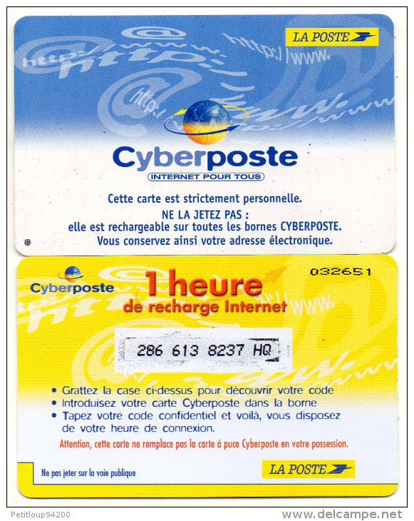 CARTE D´ACCES INTERNET + RECHARGE CYBER POSTE La Poste  (lot De 2) 1***3 8237 - Sonstige & Ohne Zuordnung