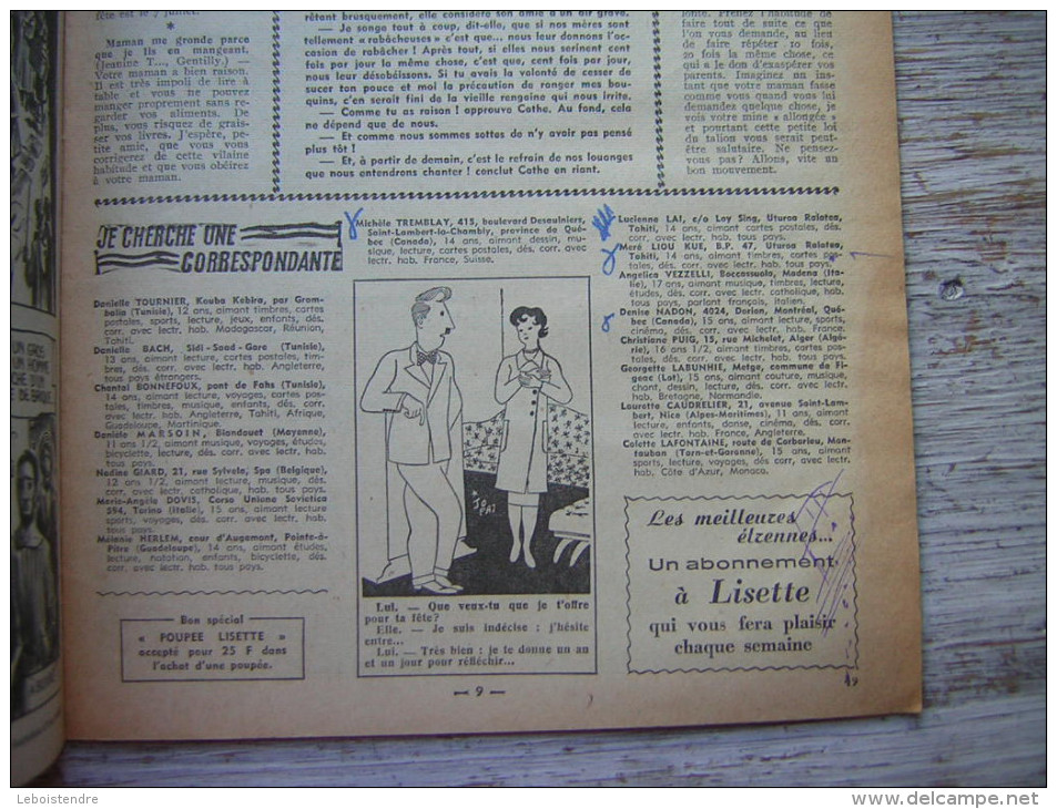 JOURNAL   LISETTE   N ° 49   8  DECEMBRE 1957    ZJETTE ET JACKIE  PUB  LA POUPEE LISETTE - Lisette