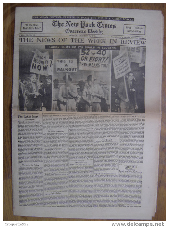 THE NEW YORK TIMES 7 October 1945 Labor Sums Up Its Goals In Slogans WWII Militaria - Weltkrieg 1939-45