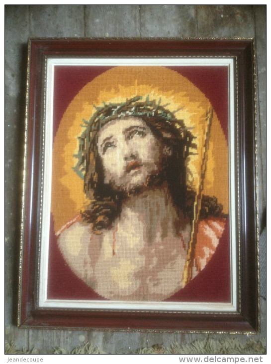 - Canevas - Cadre Bois - Le Christ - Jésus - 55 X 44 Cm - Tappeti & Tappezzeria