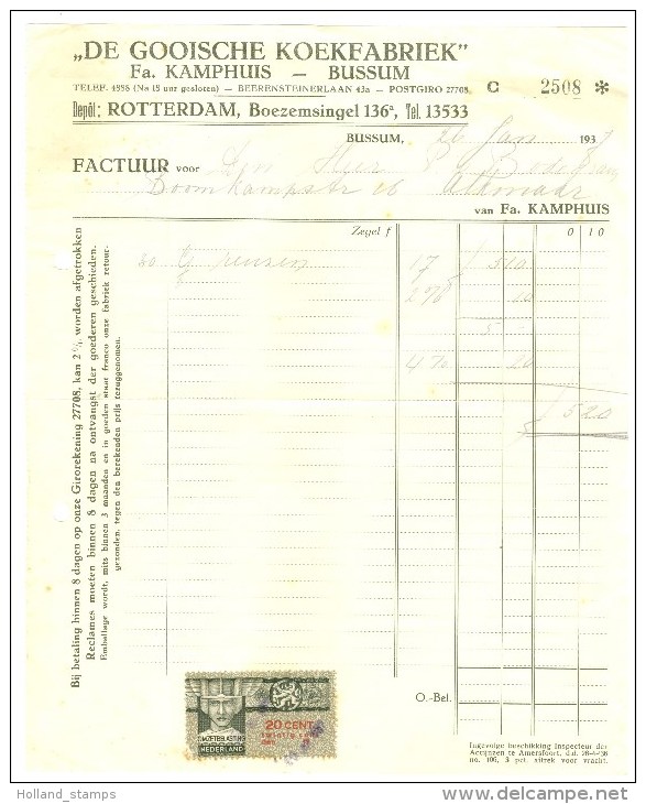 NEDERLAND * FACTUUR Uit 1937 Van ROTTERDAM Naar ALKMAAR + FISCAL OMZET BELASTING ZEGEL 20 CENT (9971g) - Revenue Stamps