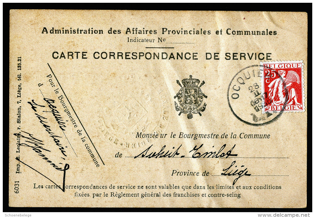 A3462) Belgien Belgium Karte Dienstpost Von Ocouier 28.2.1935 - Other & Unclassified