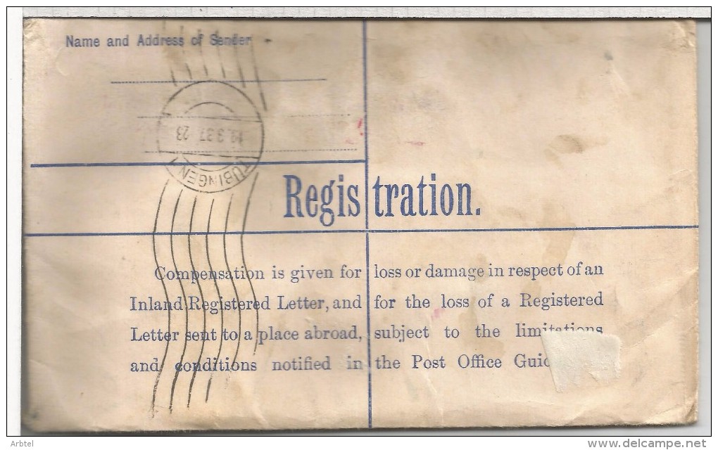 REINO UNIDO ENTERO POSTAL CERTIFICADO 1937 LONDON A WURTTEMBERG SELLO PERDIDO - Cartas & Documentos