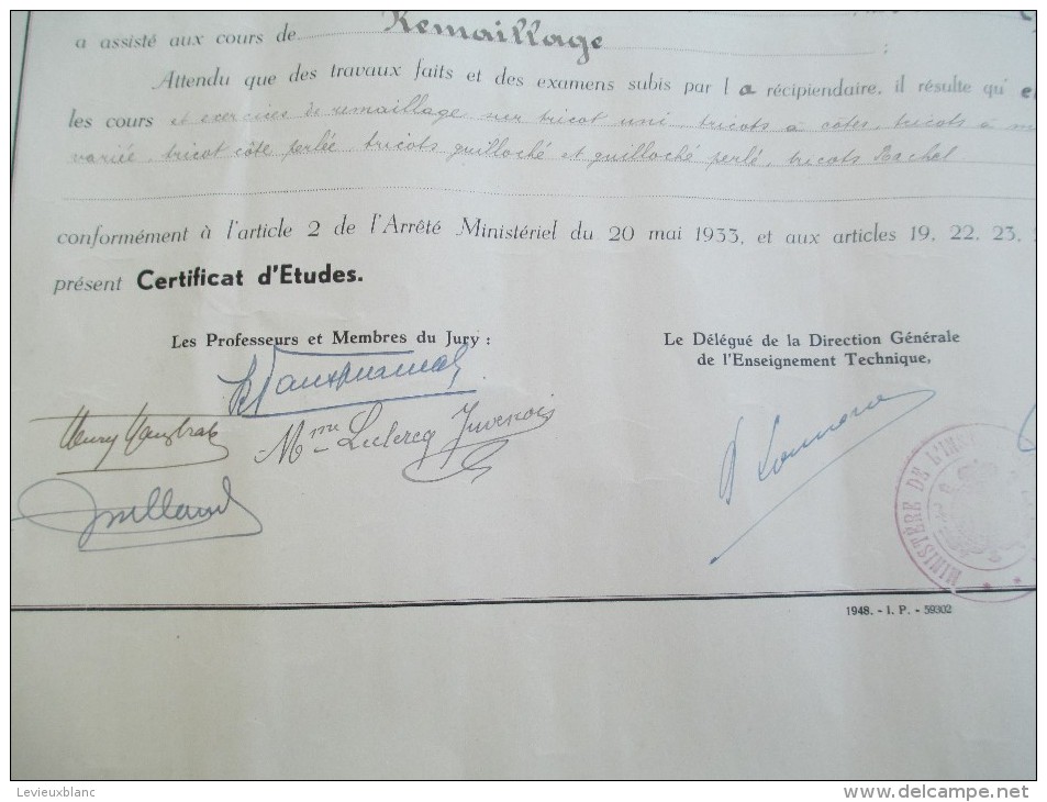 Certificat D´Etudes/Ecoles Provinciales Des Textiles Et De Bonneterie Du Tournaisis/Belgique/1949    DIP26 - Diploma's En Schoolrapporten