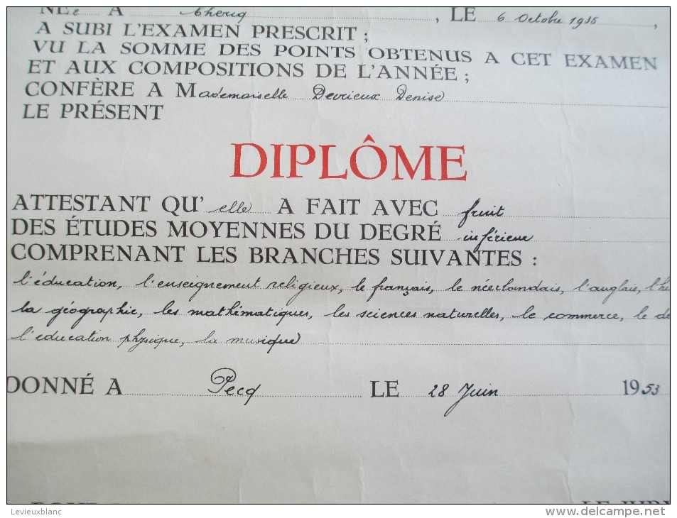 Royaume De Belgique / Ministére De L'Instruction Publique/Diplome D'Etudes Moyennes Du Degré/1953    DIP28 - Diploma's En Schoolrapporten
