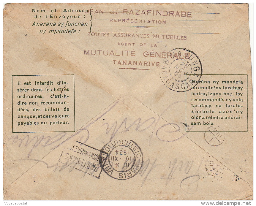 Lettre Madagascar TSF Entier Postal CaD TANANARIVE + Retour A L'envoyeur 1934 - Briefe U. Dokumente