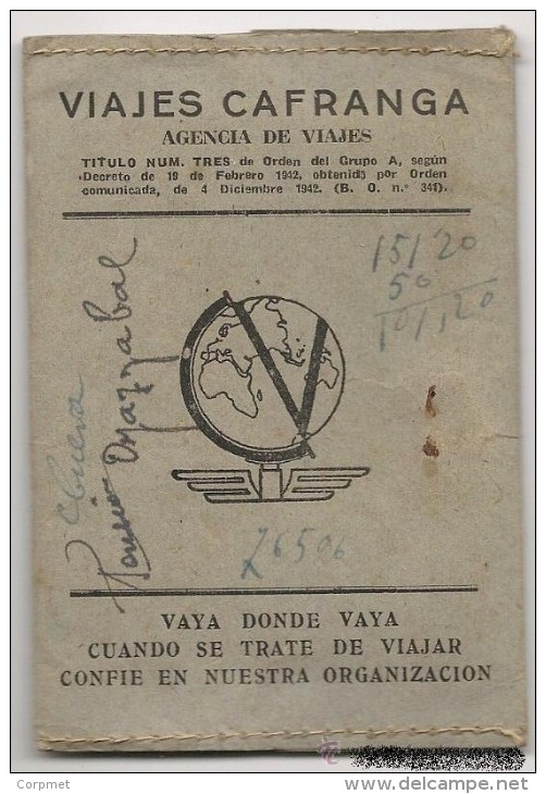 ESPAÑA - FERROCARRILES VASCONGADOS 1948 BILBAO A SAN SEBASTIAN CARTERA DE VIAJE AGENCIA CAFRANGA Con 2 PASAJES -1a CLASE - Mundo
