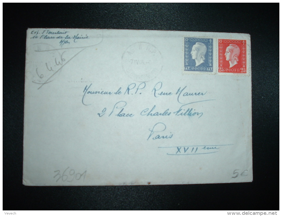 LETTRE TP MARIANNE DE DULAC 2F40 + TP 60c OBL.MEC.7 IV 46 AGEN RP LOT-ET-GARONNE (47) - 1944-45 Marianne (Dulac)