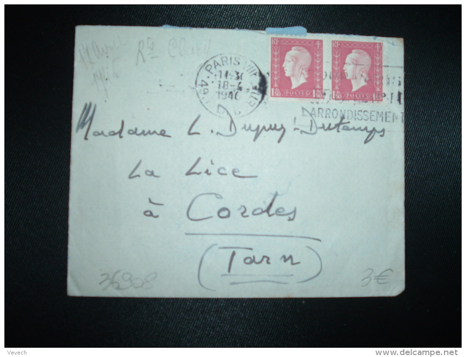 LETTRE TP MARIANNE DE DULAC 1F50 X2 OBL.MEC.18-4-1946 PARIS VIII - 1944-45 Marianne (Dulac)