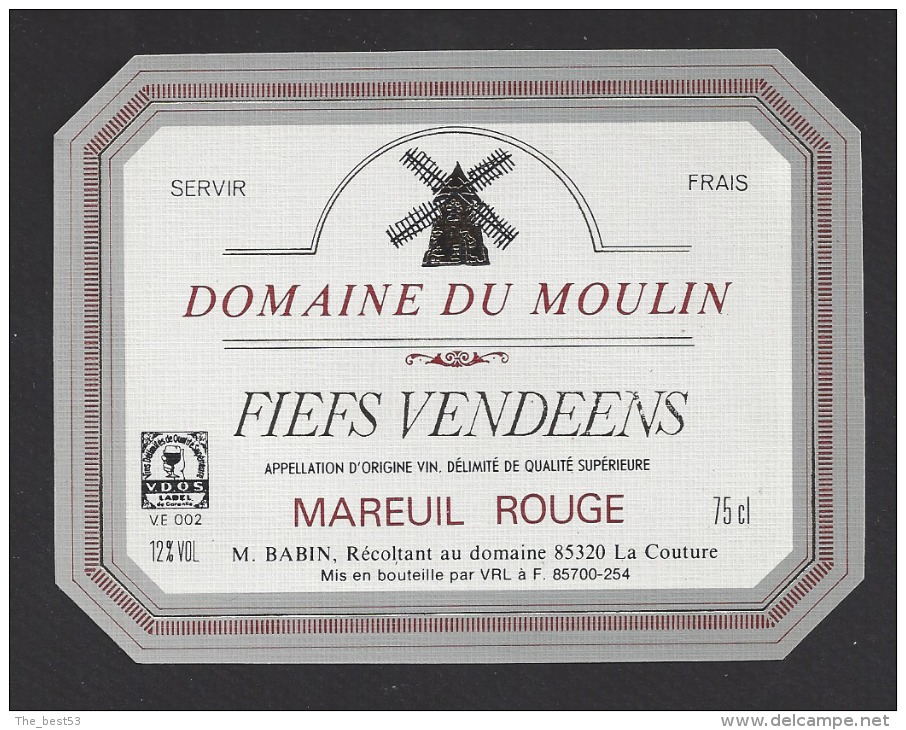 Etiquette De Vin Fiefs Vendéens  75 Cl  - Domaine Du Moulin  -  Thème Moulin à Vent - M.  Babin à La Couture (85) - Moulins à Vent