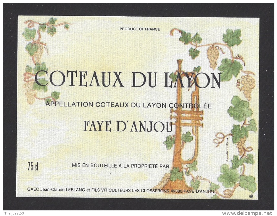 Etiquette De Vin Coteaux Du Layon Faye D´Anjou - Theme Musique, Trompette - Illustrateur J. Guibert - Muziek & Instrumenten