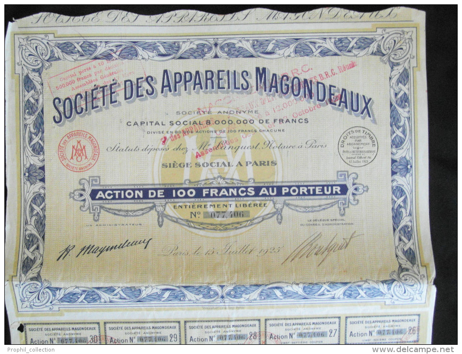 Action 100 Francs Societe Des Appareils Magondeaux Siege Social à Paris 15/07/ 1925 - Auto's