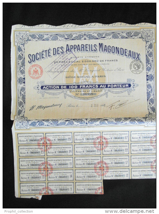 Action 100 Francs Societe Des Appareils Magondeaux Siege Social à Paris 15/07/ 1925 - Cars