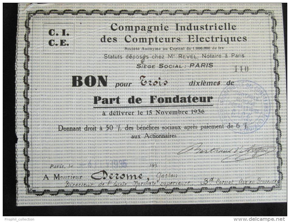 Bon Part Fondateur Compagnie Industrielle Des Compteurs Industrielle Des Compteurs Electriques - A - C