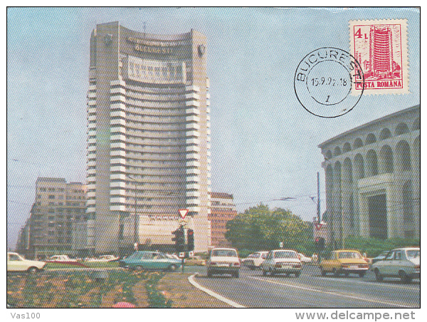 TOURISM, BUCHAREST INTERCONTINENTAL HOTEL, CAR, CM, MAXICARD, CARTES MAXIMUM, 1992, ROMANIA - Hostelería - Horesca