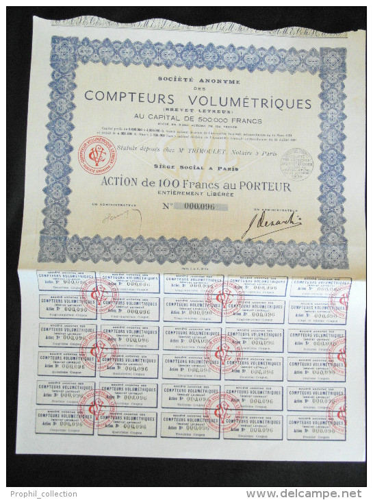 ACTION 100 Francs Societe Anonyme Des Compteurs Volumetriques (Brevet Letreux) Siege à Paris - A - C