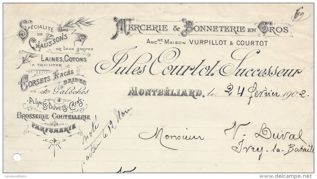 Commande De Peignes En Ivoire /Jules Courtot/Mercerie/MONTBELIARD//Duval/Ivry La Bataille/1902        FACTN107 - Perfumería & Droguería