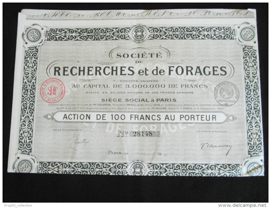 Action 100 Francs Societe De Recherches Et De Forages Siege Social Paris 1918 - S - V