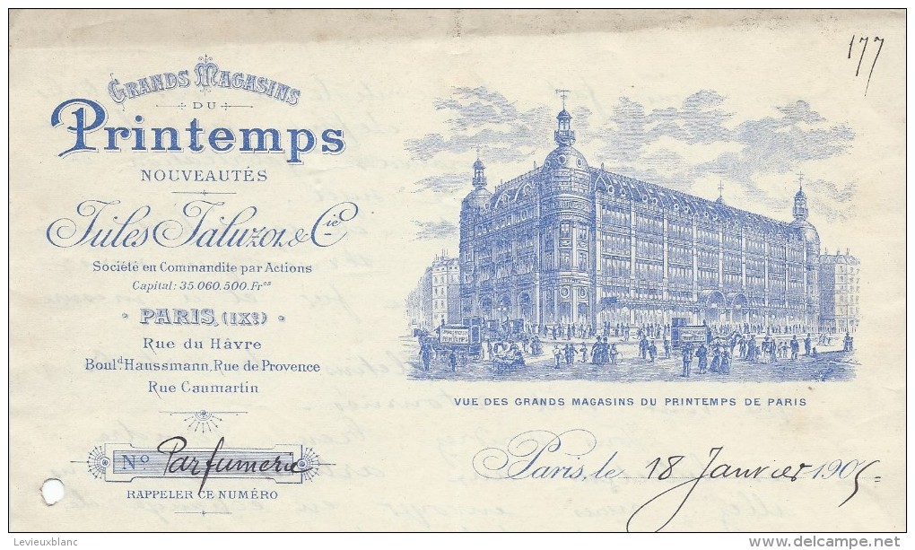 Commande De Peignes En Ivoire /Parfumerie/Grands Magasins Printemps/Jaluzot/Lecoeur/Ivry La Bataille/1905  FACTN115 - Drogerie & Parfümerie