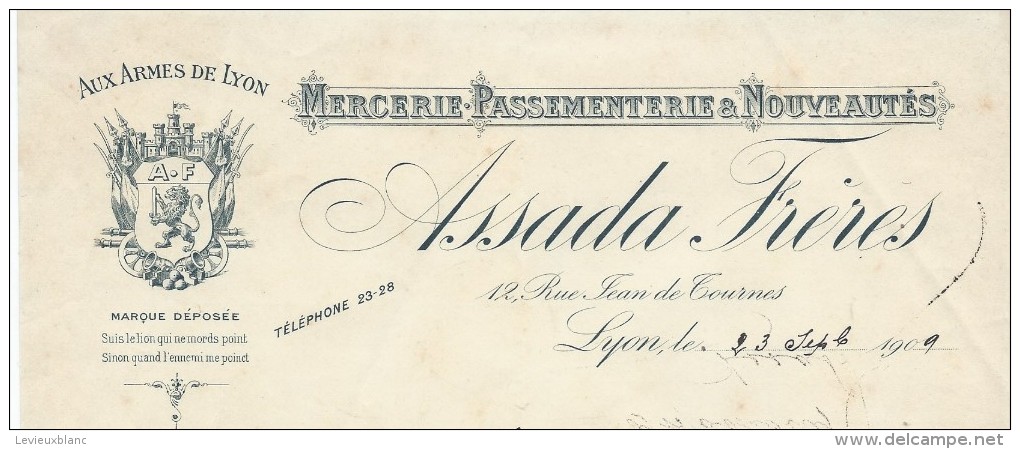 Commande De Peignes En Ivoire /Mercerie/ AssadaFréres./LYON/ Lecoeur/Ivry La Bataille/1909  FACTN121 - Chemist's (drugstore) & Perfumery