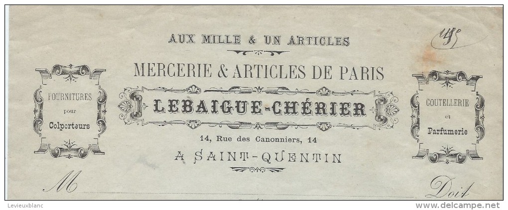 Commande  De Peignes En Ivoire /Mercerie/ Lebaigue-Chérier/SAINT QUENTIN/Aisne/V. Duval /Ivry La Bataille/1902  FACTN122 - Chemist's (drugstore) & Perfumery