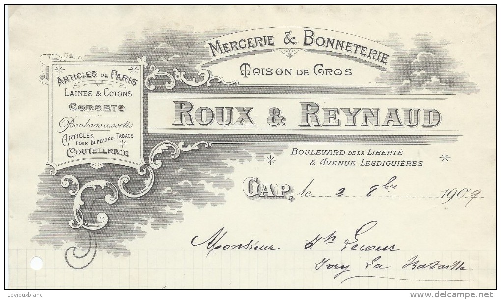 Commande  De Peignes En Ivoire / Mercerie/Roux & Reynaud /GAP/Haute  Alpes /Ivry La Bataille/1909  FACTN124 - Chemist's (drugstore) & Perfumery