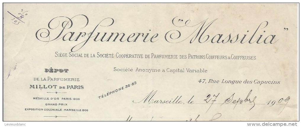 Commande  De Peignes En Ivoire /Parfumerie/Massilia/MARSEILLE/Lecoeur/Ivry La Bataille/1909  FACTN128 - Droguerie & Parfumerie