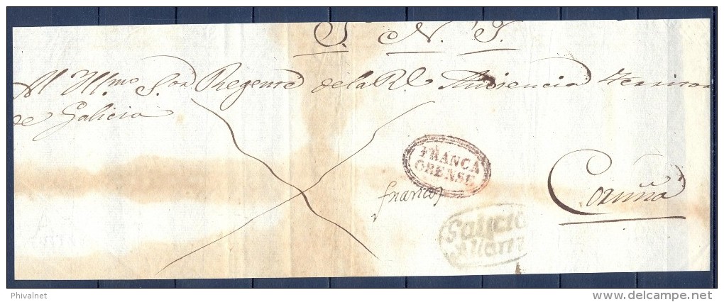 MAGNÍFICO FRONTAL DE PLICA , MARCA PREFILATÉLICA GALICIA - ALLARIZ Y FRANCA - ORENSE , CIRCULADO A CORUÑA - ...-1850 Prephilately