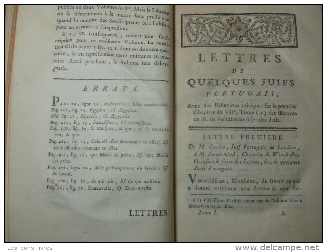 LETTRES DE QUELQUES JUIFS Portugais, Allemands Et Polonais à M. De Voltaire - Bis 1700