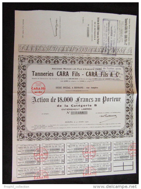 Action 1800 Frs Tanneries CARA Fils & Cie Societe En Commandite Par Action Siège Social à Romans  Share Coupons - A - C