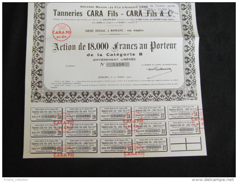 Action 1800 Frs Tanneries CARA Fils & Cie Societe En Commandite Par Action Siège Social à Romans  Share Coupons - A - C