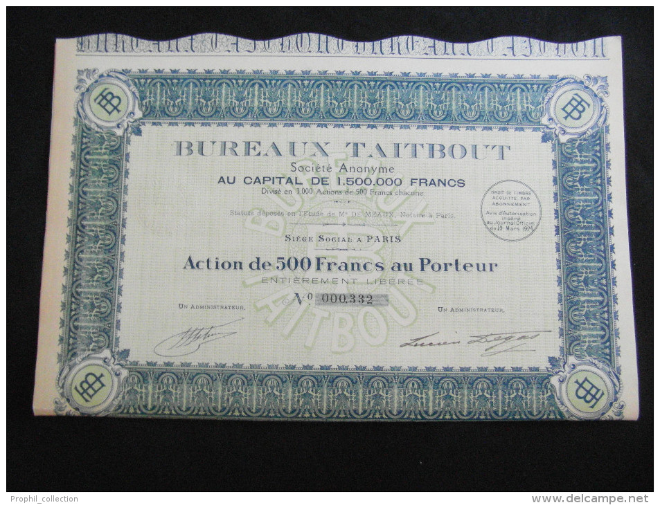 Action 500 Frs Bureaux Taitbout Siège Social à Paris Share Coupons 19/3/1924 - A - C