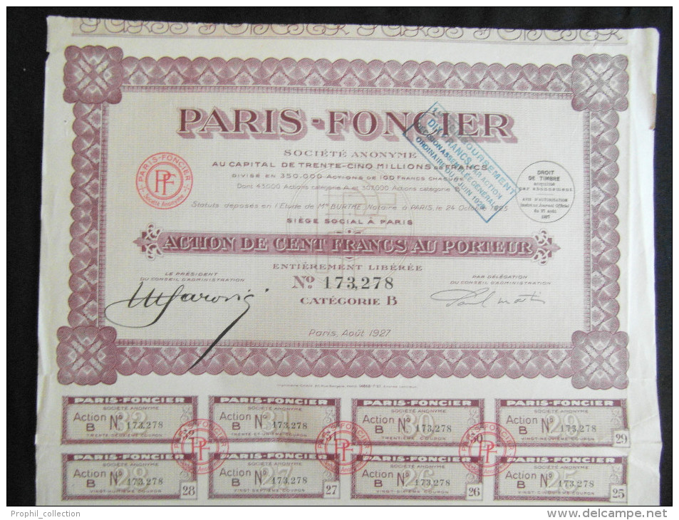 Action 100 F AU PORTEUR PARIS - FONCIER Categorie B  Siege Paris Share Coupons  Août 1927 - P - R