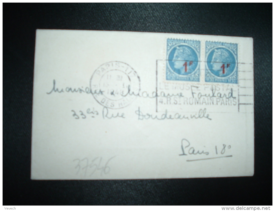 LETTRE MIGNONNETTE TP CERES DE MAZELIN 1F30 Surchargé 1F X2 OBL.MEC. 13 I 1948 PARIS 117 - 1945-47 Cérès De Mazelin