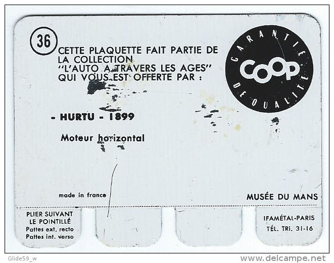 Plaquette En Tôle - L'Auto à Travers Les âges - Editions COOP - N° 36 - Hurtu - 1899 - Tin Signs (vanaf 1961)