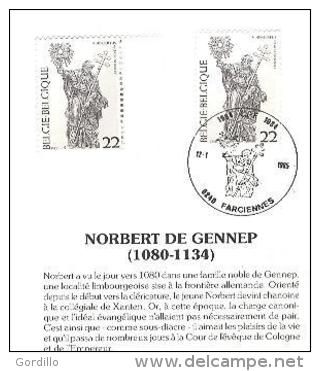 FDC Sur Feuillet Poste Belge Saint Norbert 1 Timbre MNH  Collé Sur Bande +1 Obl. 1er Jour. - 1991-2000