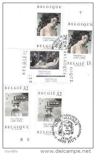 FDC Sur Feuillet Poste Belge 3 Timbres MNH Collés Sur Bande + 3 Obl. 1er Jour P. Delvaux Suurréalisme. - 1991-2000