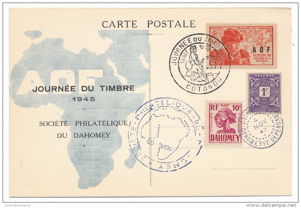 AOF - Dahomey => Carte "Journée Du Timbre" - COTONOU Oct 1945 + Cachet Ordinaire 4 Nov 1945 - Storia Postale