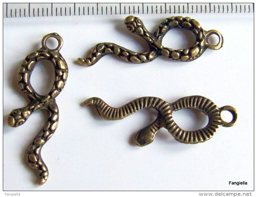 5 Breloque Serpent Bronze Très Réaliste Double Face Sans Nickel Ni Plomb Environ 33x11mm   Breloque Serpent Impression R - Pearls