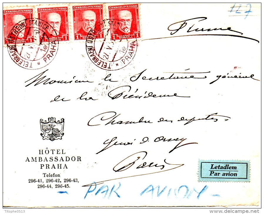 TCHECOSLOVAQUIE. Superbe Enveloppe Ayant Circulé En 1931. Hôtel Ambassador Praha. - Hostelería - Horesca