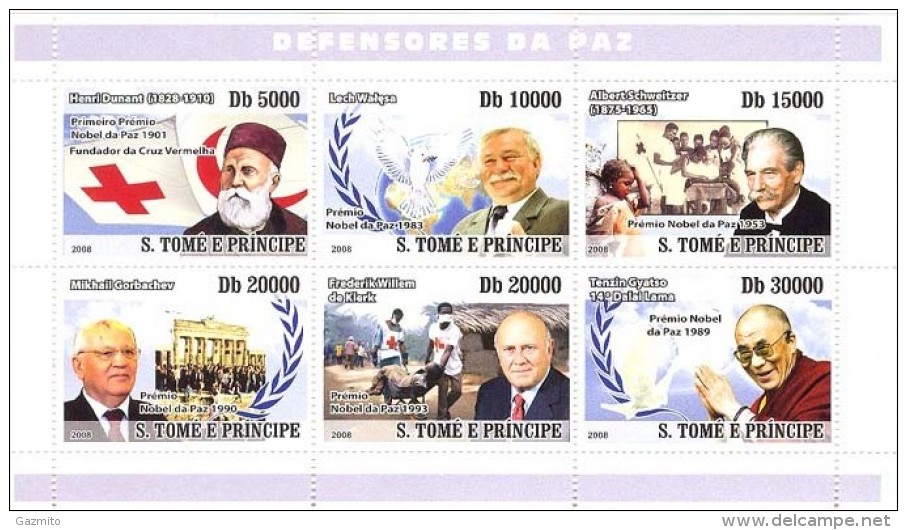 S. Tomè 2008, Nobel Prices, H. Dunandt, Red Cross, A. Schweitzer, Dalai Lama, 6val In BF - Albert Schweitzer