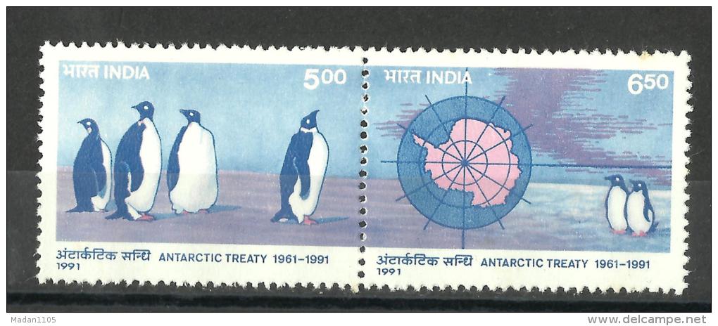 INDIA, 1991,  Antarctic Treaty,  Fauna, Emperor Penguins & Gentoo Penguins, Setenant Set, 2 V,   MNH, (**) - Antarctic Wildlife