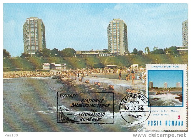 TOURISM, EFORIE NORD HOTELS, BEACH, CM, MAXICARD, CARTES MAXIMUM, 1986, ROMANIA - Hotels, Restaurants & Cafés