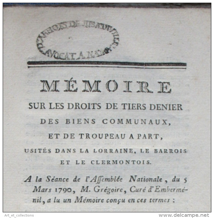 Ouvrage Extrait De La Bibliothèque De D'Arbois De Jubainville Avocat : Mémoire Sur Les Droits.../ 1790 - 1701-1800