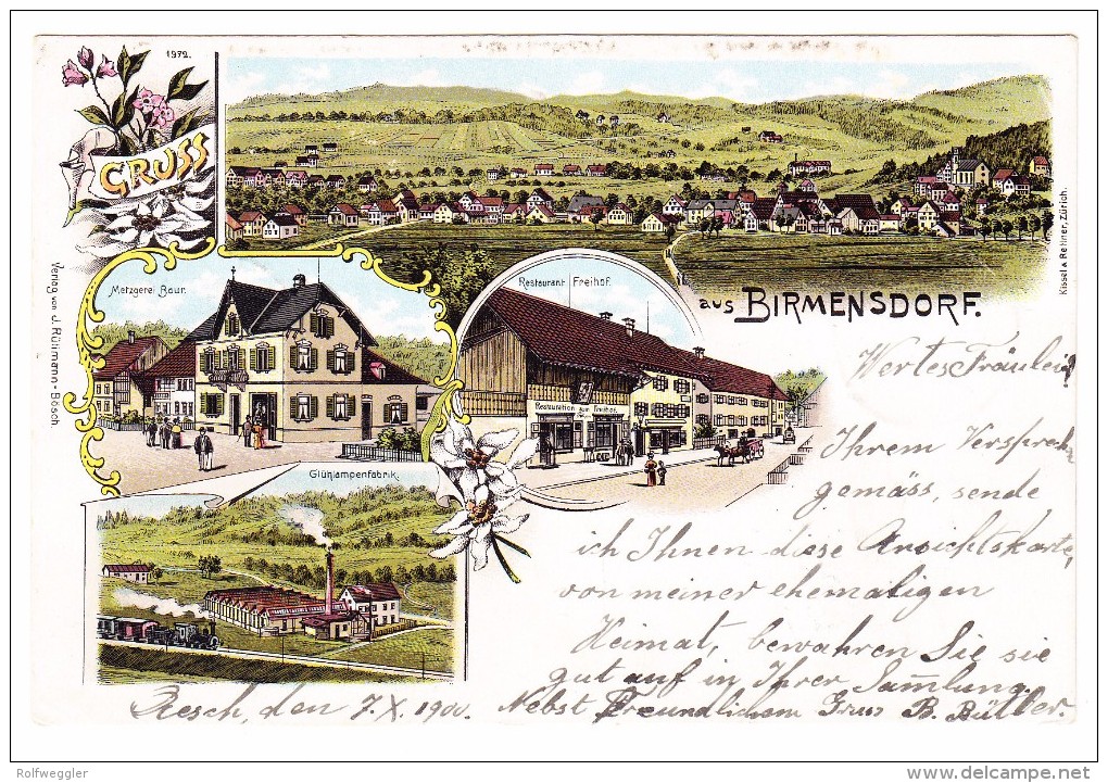 AK ZH Birmensdorf Gruss Aus Litho J. Rütimann-Bosch Ges.8.10.1900 Mit Äsch Birmenstorf 2 Zeil. Langstempel - Birmensdorf