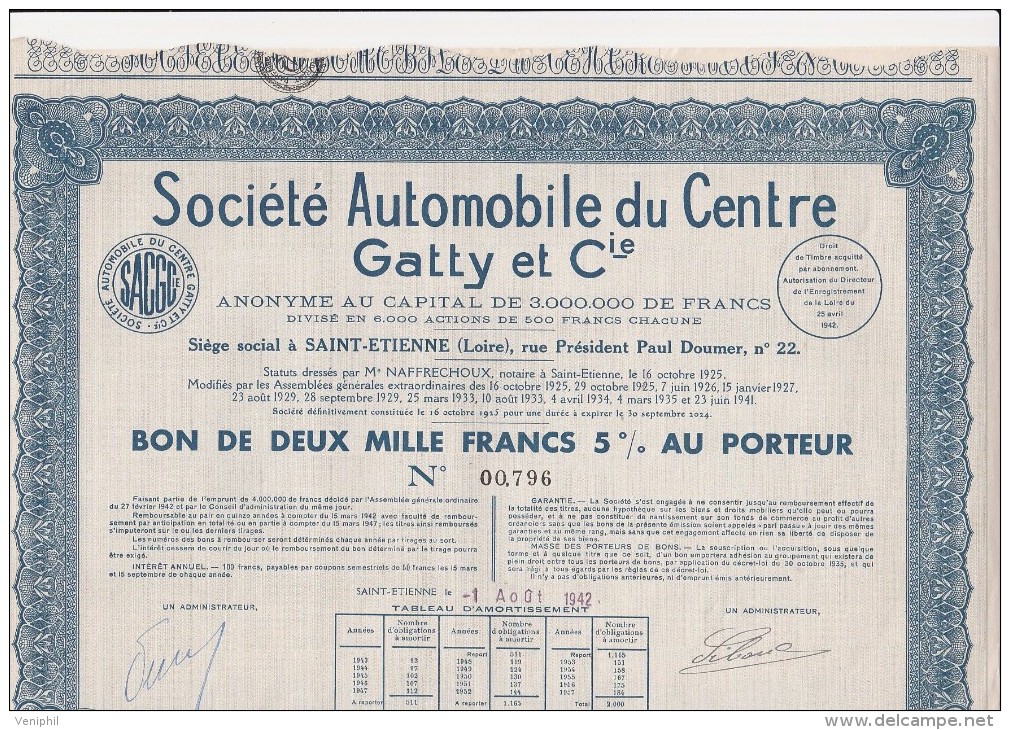 BON DE 2000 FRS -5 % - SOCIETE AUTOMOBILE DU CENTRE GATTY ET CIE -1942 - Auto's