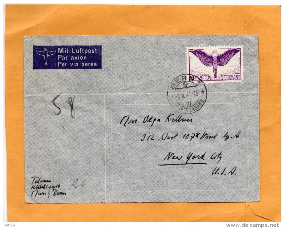 Switzerland 1941 Air Mail Cover Mailed To USA - Primi Voli