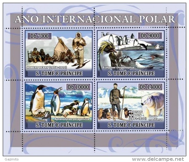 S. Tomè 2007, Polar International Year, Explorers, Bear, Penguins, Dog, 4val In BF - Internationales Polarjahr