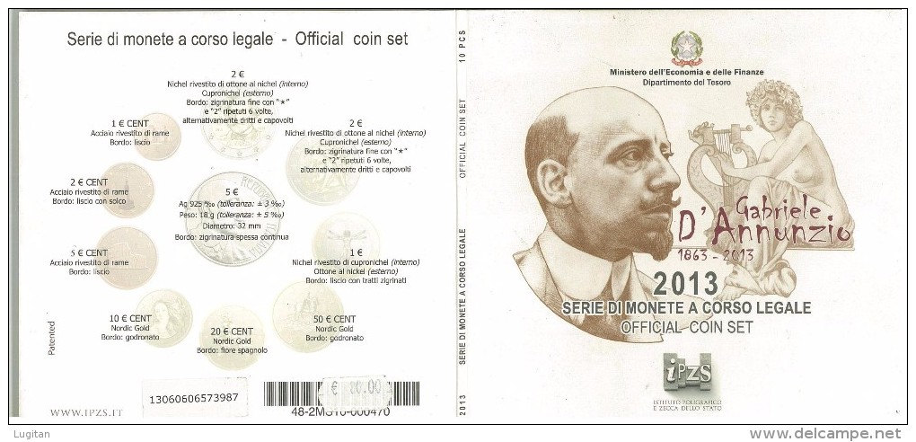 ITALIA - 2013 - Divisionale - 10 Monete Italia- (con 2&euro; Com. E Arg. Da 5&euro;) - GABRIELE D'ANNUNZIO - Set Fior Di Conio