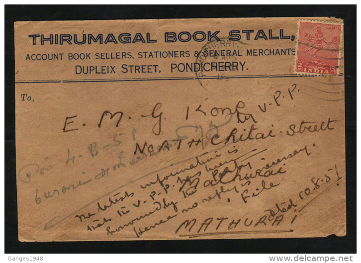 India  1951  Stamped Cover  Pondicherry - Bazaar To Mathura    # 87648  Inde  Indien - Lettres & Documents